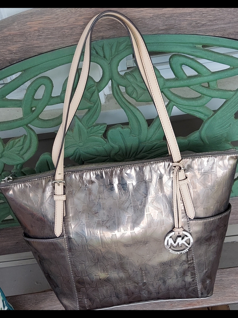 Michael Kors Metallic Silver Tote Bag with Cream Handles